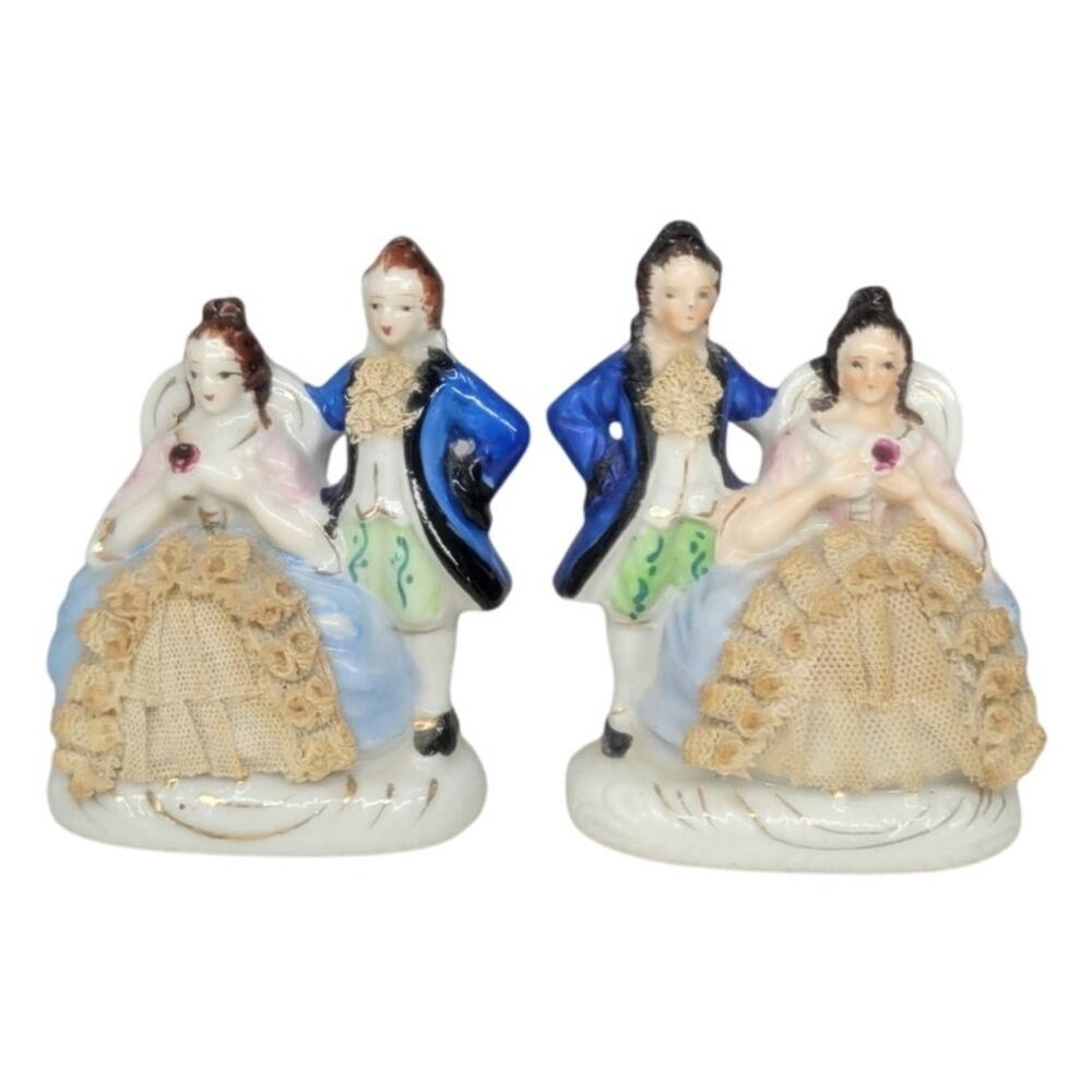 Whimsical Vintage Japan 2 Porcelain Figurine Pair Victorian Lace‎ Romantic Style